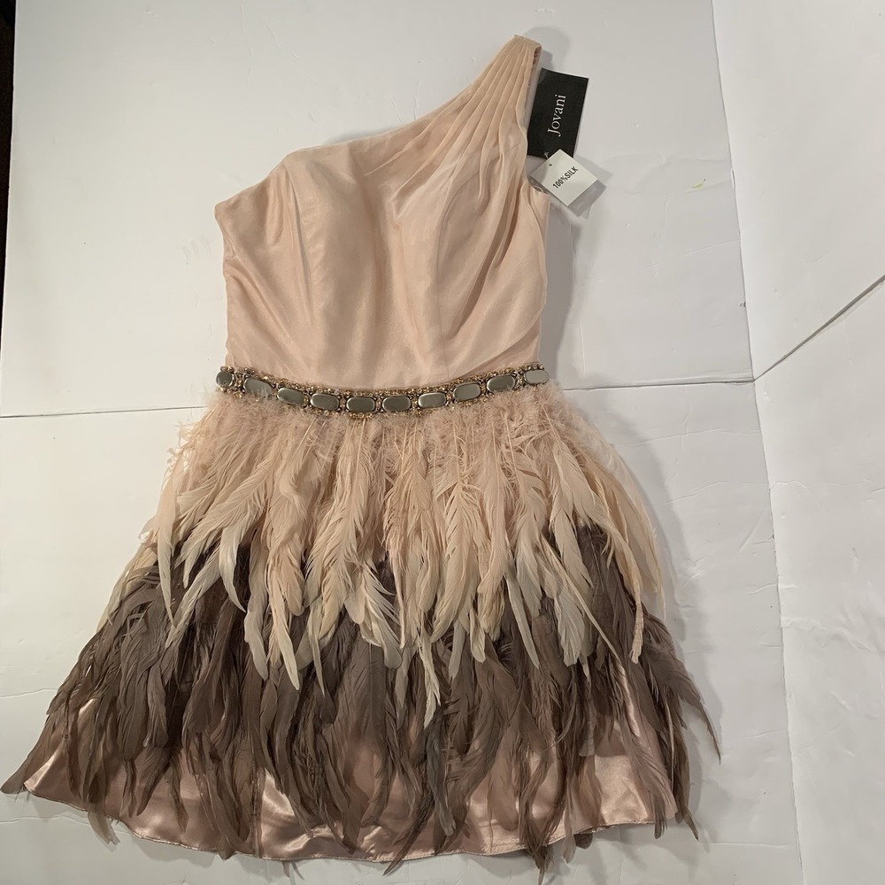 Jovani Asymmetrical Feathered Mini Dress in Cream and Brown - Picture 2 of 12